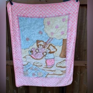 Vintage Novatex Fuzzy Child Baby Blanket Teddy Bears Swing Picnic Pink Blue